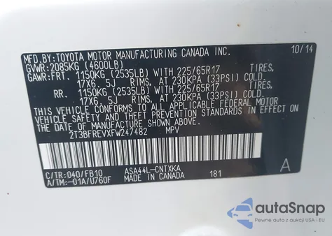 2015 Toyota Rav4 Le z USA, uszkodzony, nr VIN 2T3BFREVXFW247482